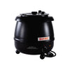 Commercial soup warmer 10.5QT with stainless steel interior and black finish. Features removable pot and adjustable thermostat. Ideal for buffet or kitchen. Set includes full unit.