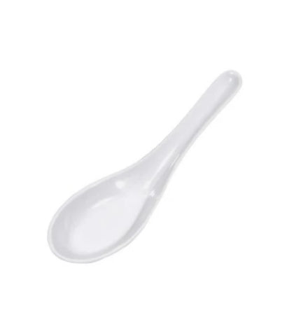 Elegant white melamine soup spoons in a dozen pack, heat-resistant and easy to clean for long-lasting use.