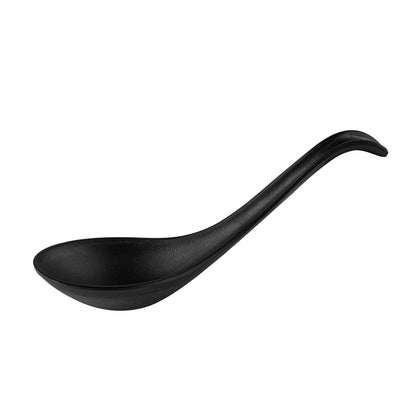 Matte black soup spoon with 0.4oz capacity and 5-3/4 inch length, ideal for elegant dining or everyday use, features sleek modern design, durable finish, and easy-clean surface.