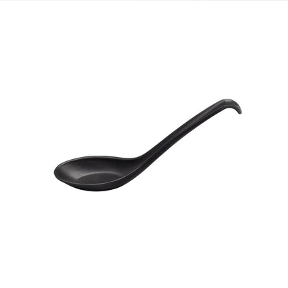 Matte black soup spoon, 0.5oz capacity and 6-1/2 inches long, with elegant modern design, durable scratch-resistant finish, ideal for restaurants, catering, or home soup service.