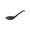 Matte black soup spoon, 0.5oz capacity and 6-1/2 inches long, with elegant modern design, durable scratch-resistant finish, ideal for restaurants, catering, or home soup service.