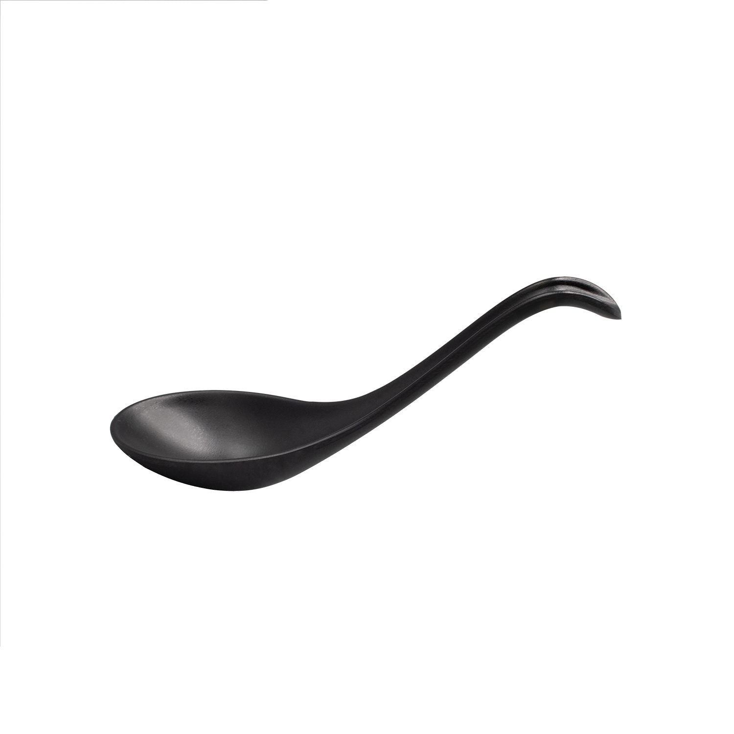 Matte black soup spoon, 0.7oz capacity and 6-1/2 inches long, modern and elegant, perfect for stylish soup presentation in restaurants, catering setups, or home kitchens.