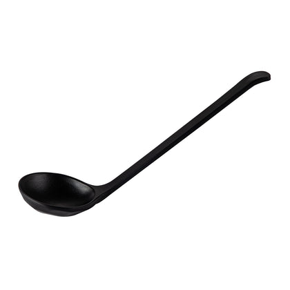 Matte black soup spoon with 0.8oz capacity and 8-3/8 inch length, modern and durable, ideal for serving soups and broths in restaurants, events, or sophisticated home dining.