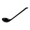 Matte black soup spoon with 0.8oz capacity and 8-3/8 inch length, modern and durable, ideal for serving soups and broths in restaurants, events, or sophisticated home dining.