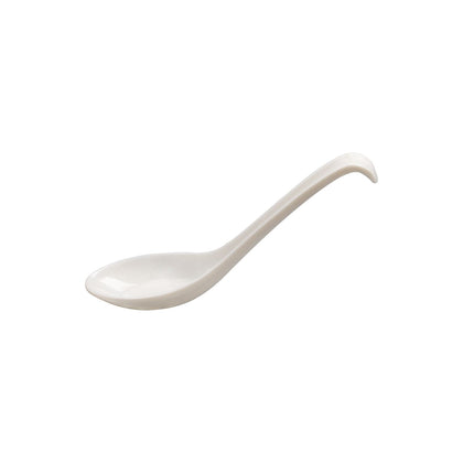 White soup spoon, 0.5oz capacity and 6-3/4 inches long, elegant and durable with a clean finish, ideal for professional kitchens, home dining, or catering presentations.