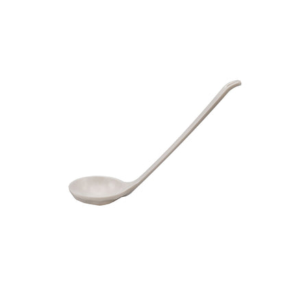 White soup spoon with 0.8oz capacity and 8-1/4 inch length, elegant and durable design, ideal for stylish soup service in restaurants, catering events, or modern home kitchens.