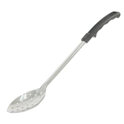 Stainless steel perforated basting spoon 11 inch with 1.2mm head and black handle, rust-resistant and durable, perfect for draining and serving, packed 72 each per case for commercial use