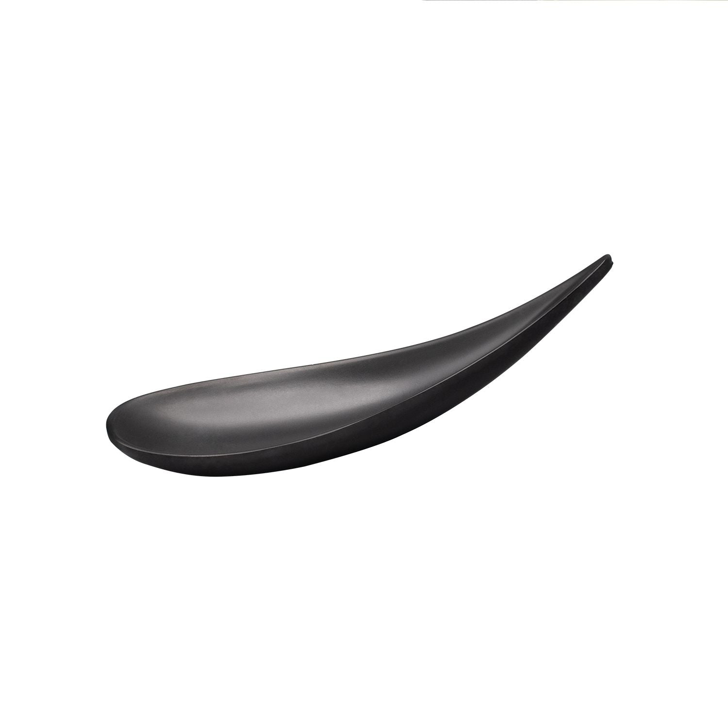 Matte black tasting spoon, 0.5oz capacity and 5-3/4 inch length, modern and elegant design, ideal for refined food presentation, sampling, or amuse-bouche service in upscale settings.
