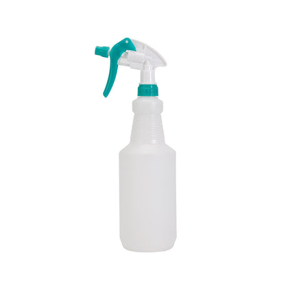 Durable 28oz green trigger spray bottle with adjustable nozzle for mist or stream spray; lightweight and easy to grip; ideal for cleaning, gardening, and sanitizing tasks; packed 50 each per case