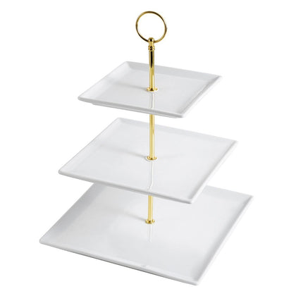 Square 3-tier serving tray 10” for desserts, appetizers, and party displays. Elegant, durable, and space-saving, perfect for buffets, weddings, and high tea events.