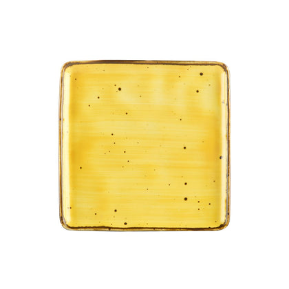 Square Plate Sunflower 8.25 inch in a vibrant sunflower yellow color with a modern square shape. Chip-resistant, durable, and ideal for stylish serving of appetizers, salads, or desserts.
