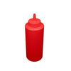 Red 12oz squeeze bottle made from durable BPA-free plastic with leak-resistant cap and flexible body, ideal for dispensing sauces, condiments, and dressings in commercial kitchens, restaurants, and catering