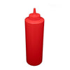 Red 24oz squeeze bottle made from durable BPA-free plastic with leak-resistant cap and flexible body, ideal for dispensing sauces, dressings, and condiments in commercial kitchens, restaurants, and catering