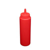 Red 8oz squeeze bottle made from durable BPA-free plastic with leak-resistant cap and flexible body, perfect for dispensing sauces, dressings, and condiments in commercial kitchens, restaurants, and catering services
