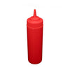 Wide-mouth red 12oz squeeze bottle made from durable BPA-free plastic with leak-resistant cap and flexible body, ideal for easy filling and precise dispensing of sauces, dressings, and condiments in commercial kitchens
