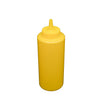 Yellow 12oz squeeze bottle made from durable BPA-free plastic with leak-resistant cap and flexible body, ideal for dispensing sauces, dressings, and condiments in commercial kitchens, food trucks, and catering