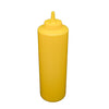 Yellow 24oz squeeze bottle made from durable BPA-free plastic with leak-resistant cap and flexible body, perfect for dispensing sauces, dressings, and condiments in commercial kitchens, food trucks, and catering
