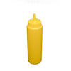 Yellow 8oz squeeze bottle made from durable BPA-free plastic with leak-resistant cap and flexible body, ideal for dispensing sauces, dressings, and condiments in commercial kitchens, food trucks, and catering