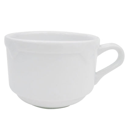Stacking Cup 8oz, 3 1/2 inches tall, durable and chip-resistant with a stackable space-saving design, microwave and dishwasher safe, ideal for coffee, tea, and café use in compact spaces.