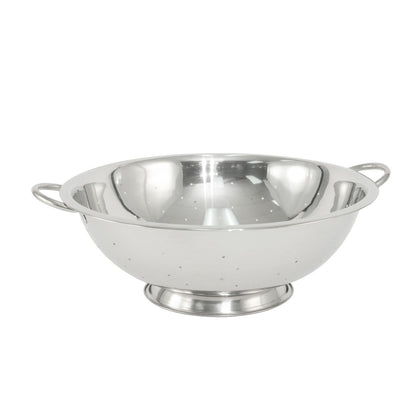 13QT stainless steel colander with reinforced side handles and elevated footed base; wide perforations for fast draining; rust-resistant and ideal for bulk use; packed 12 each per case