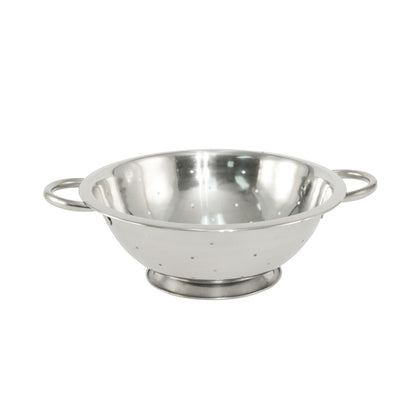3QT stainless steel colander with sturdy handles and footed base for fast, hygienic draining; wide perforations, rust-resistant, ideal for small batches; packed 24 each per case