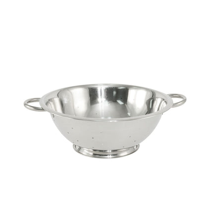 5QT stainless steel colander with reinforced handles and footed base; wide perforations for fast draining; rust-resistant and easy to clean; perfect for kitchen prep; packed 24 each per case
