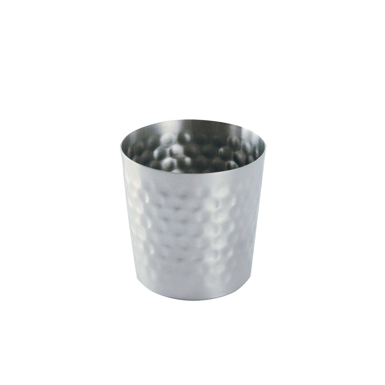 Mini stainless steel fry cup with handle, 3-1/2 inch diameter and height, durable and rust-resistant; ideal for sauces and fries; dishwasher safe, compact and stackable; packed 120 each per case