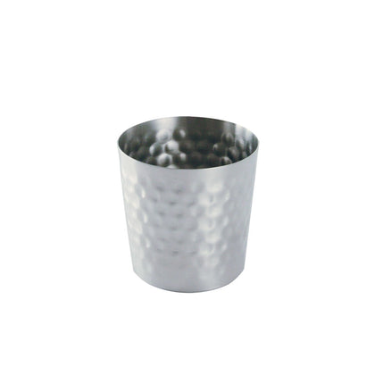 Mini stainless steel fry cup with handle, 3-1/2 inch diameter and height, durable and rust-resistant; ideal for sauces and fries; dishwasher safe, compact and stackable; packed 120 each per case