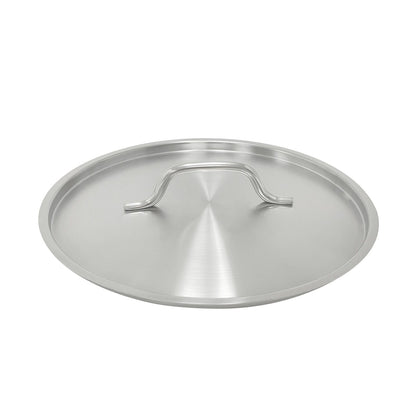Premium stainless steel lid fits 8QT stock pots, pasta cookers, double boilers & 6/7.5QT saucepans; mirror-polished, tight-fitting, dishwasher-safe, stay-cool handle, packed 12 each per case