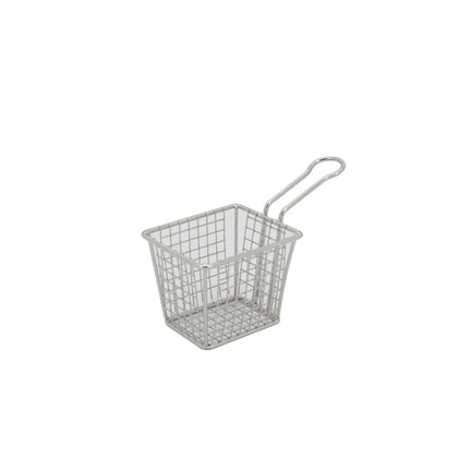 Rectangular stainless steel mini fry basket with fine wire mesh and lug handle for serving fries and appetizers; rust-resistant, dishwasher safe, stackable design; packed 72 each per case