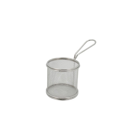 Round stainless steel mini fry basket with fine wire mesh, reinforced lug handle and footed base for serving fries, wings and appetizers; rust-resistant, dishwasher-safe; packed 72 each per case