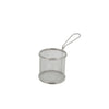 Round stainless steel mini fry basket with fine wire mesh, reinforced lug handle and footed base for serving fries, wings and appetizers; rust-resistant, dishwasher-safe; packed 72 each per case