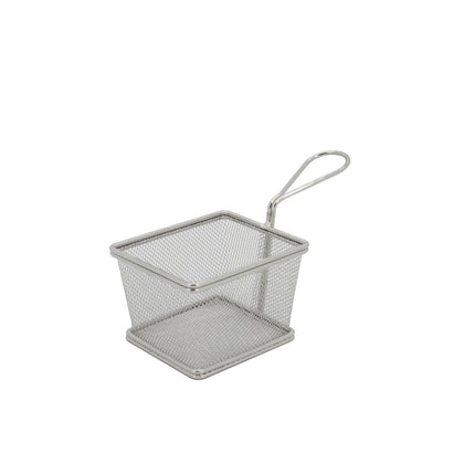 Square stainless steel mini fry basket with fine mesh design and lug handle for serving fries and appetizers; rust-resistant, dishwasher safe, stackable; packed 72 each per case