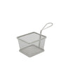 Square stainless steel mini fry basket with fine mesh design and lug handle for serving fries and appetizers; rust-resistant, dishwasher safe, stackable; packed 72 each per case