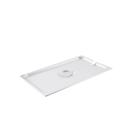 Stainless steel notched steam pan cover for 1/1 size pans; durable, rust-resistant design with utensil notch; fits securely and retains heat; easy to clean and dishwasher safe; packed 24 each per case