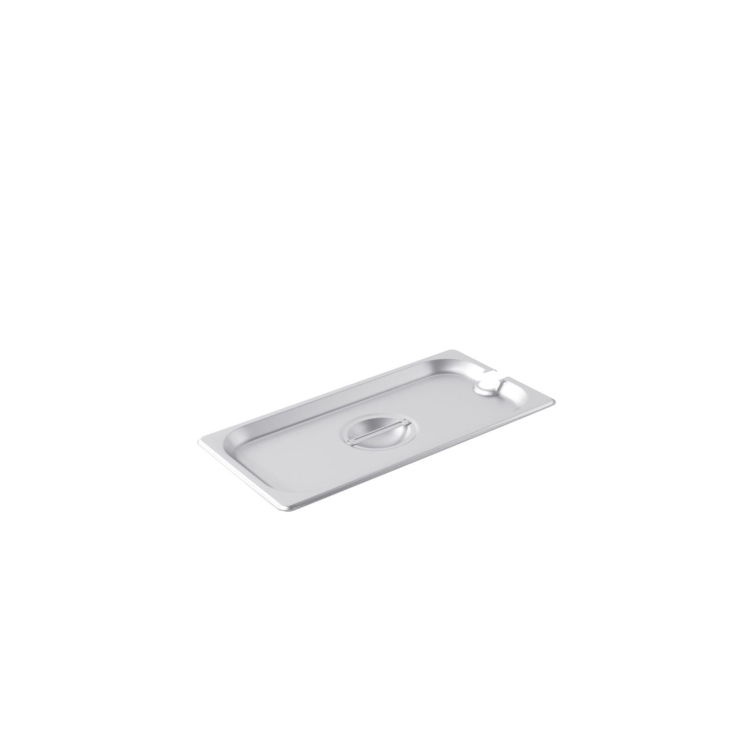 Durable stainless steel notched steam pan cover for 2/3 size pans; rust-resistant with utensil access notch; secure fit and dishwasher safe; perfect for food service and catering; packed 24 each per case