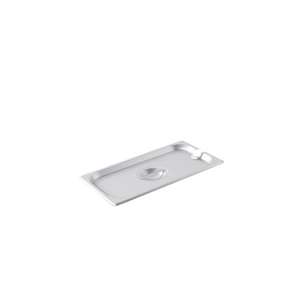 Durable stainless steel notched steam pan cover for 2/3 size pans; rust-resistant with utensil access notch; secure fit and dishwasher safe; perfect for food service and catering; packed 24 each per case
