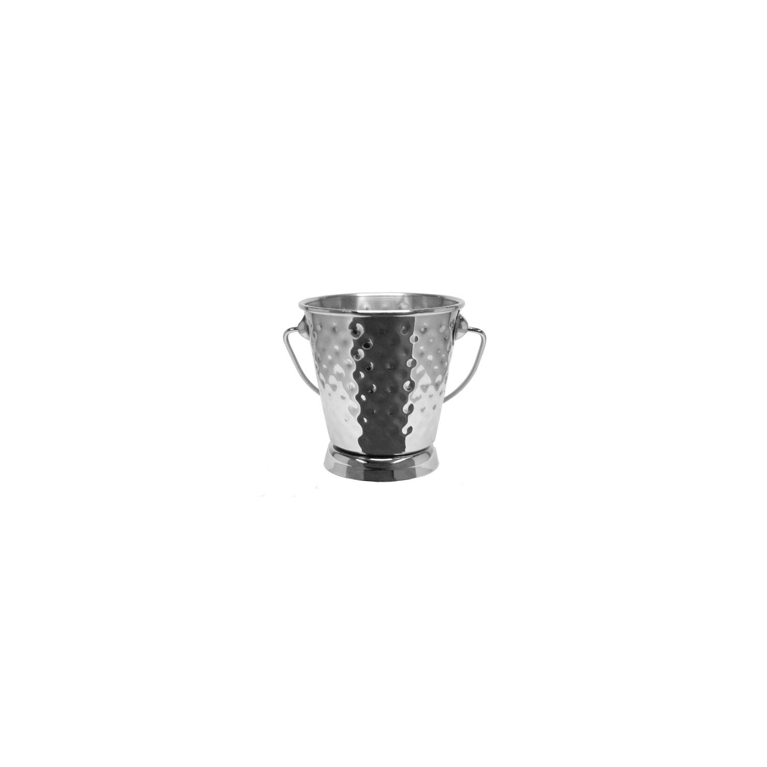 Mini stainless steel serving pail with swing handle, 3 inch diameter by 3-1/8 inch height; rust-resistant, durable and dishwasher safe; ideal for fries and snacks; packed 72 each per case