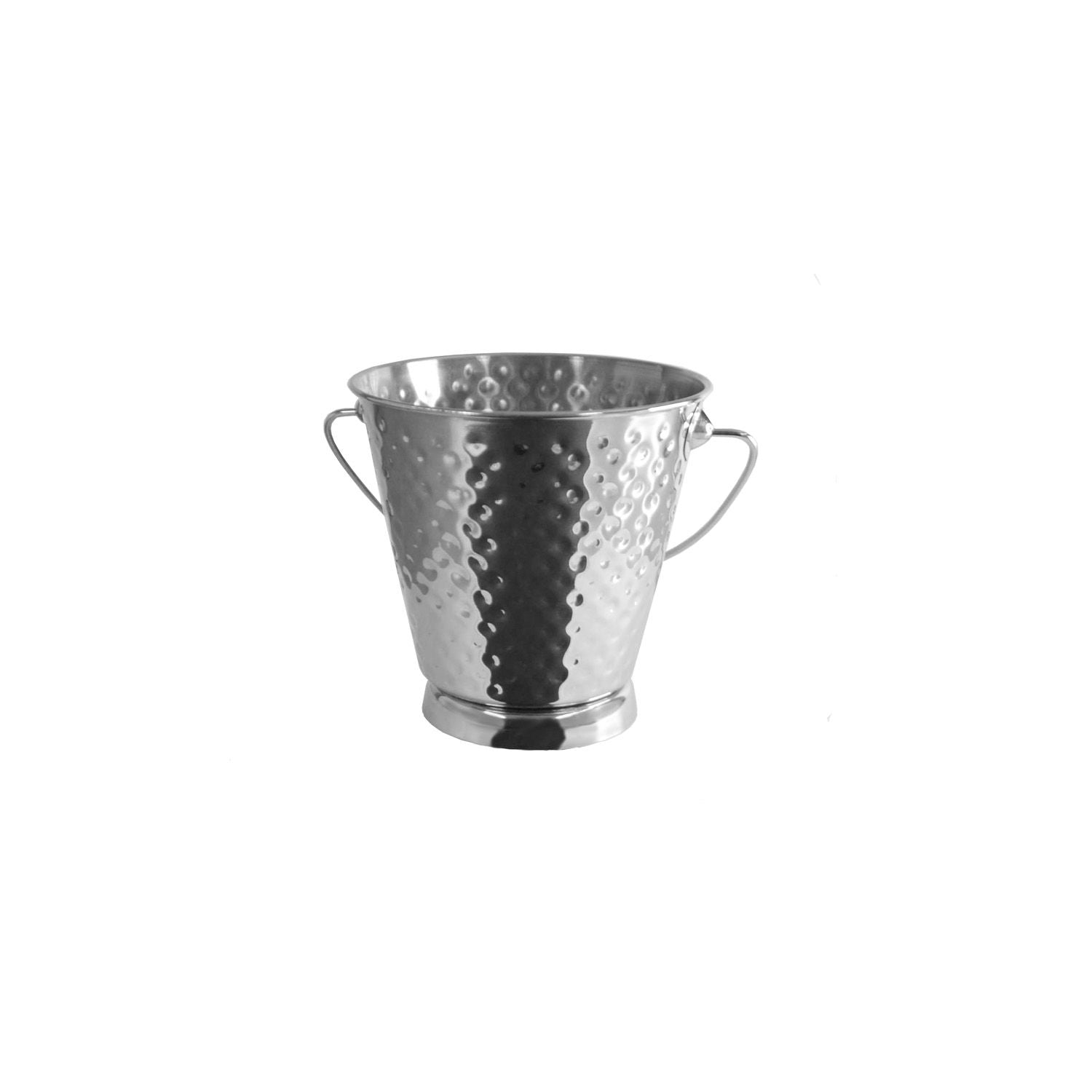 Mini stainless steel serving pail with swing handle, 5 inch diameter by 5 inch height; rust-resistant, durable and dishwasher safe; ideal for fries, snacks, and sides; packed 48 each per case