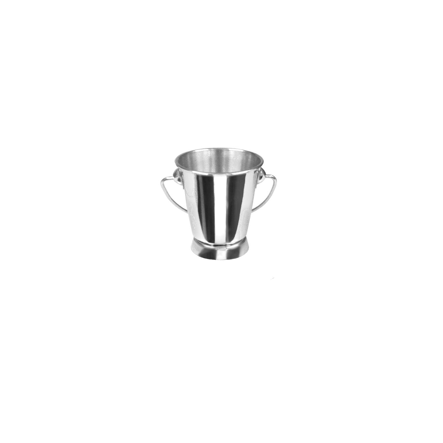 Mini stainless steel serving pail with smooth polished finish and sturdy swing handle, 3 inch diameter by 3-1/8 inch height; rust-resistant, durable, dishwasher safe; packed 72 each per case