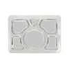 Stainless steel 6-compartment tray with round center, ideal for food service, cafeterias, and institutions, durable and easy to clean, packed 24 each per case.