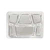 Stainless steel 6-compartment tray with trapezoid center, ideal for institutional food service, durable, easy to clean, stackable, and packed 24 each per case.
