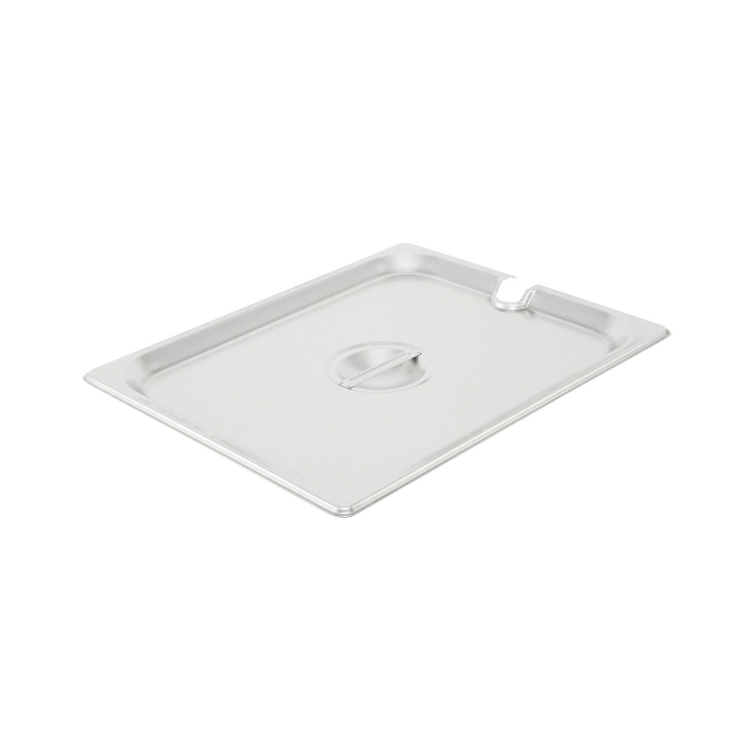 Stainless steel notched cover fits 1/2 size steam pans. Allows utensil access without removing lid. Corrosion-resistant and easy to clean. Ideal for foodservice. Packed 48 each per case.