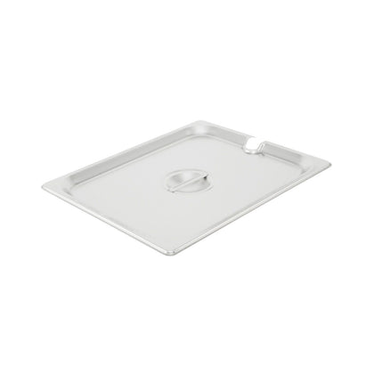 Stainless steel notched cover fits 1/2 size steam pans. Allows utensil access without removing lid. Corrosion-resistant and easy to clean. Ideal for foodservice. Packed 48 each per case.