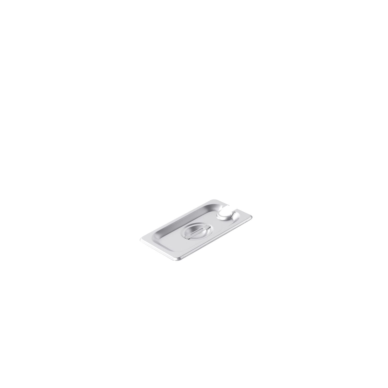 Stainless steel notched cover fits 1/9 size steam pans. Features built-in utensil slot, rust resistance, and easy cleaning. Ideal for foodservice use. Packed 72 each per case.