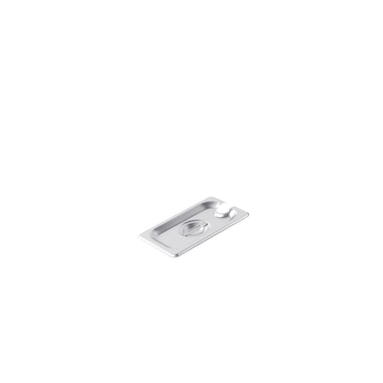 Stainless steel notched cover fits 1/9 size steam pans. Features built-in utensil slot, rust resistance, and easy cleaning. Ideal for foodservice use. Packed 72 each per case.