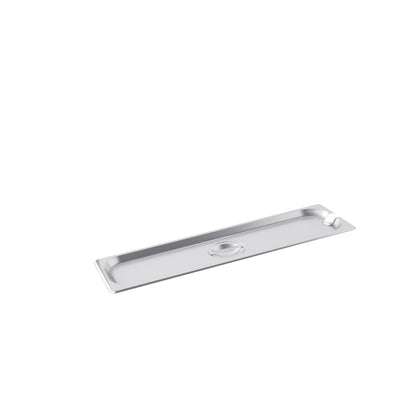 Stainless steel notched cover for 1/2 long steam pans. Allows utensil access without removing the lid. Corrosion-resistant, easy to clean, stackable. Packed 24 each per case.