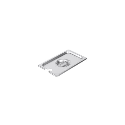 Stainless steel notched lid for 1/4 steam pans. Features integrated utensil slot, rust resistance, and easy maintenance. Ideal for foodservice operations. Packed 72 each per case.
