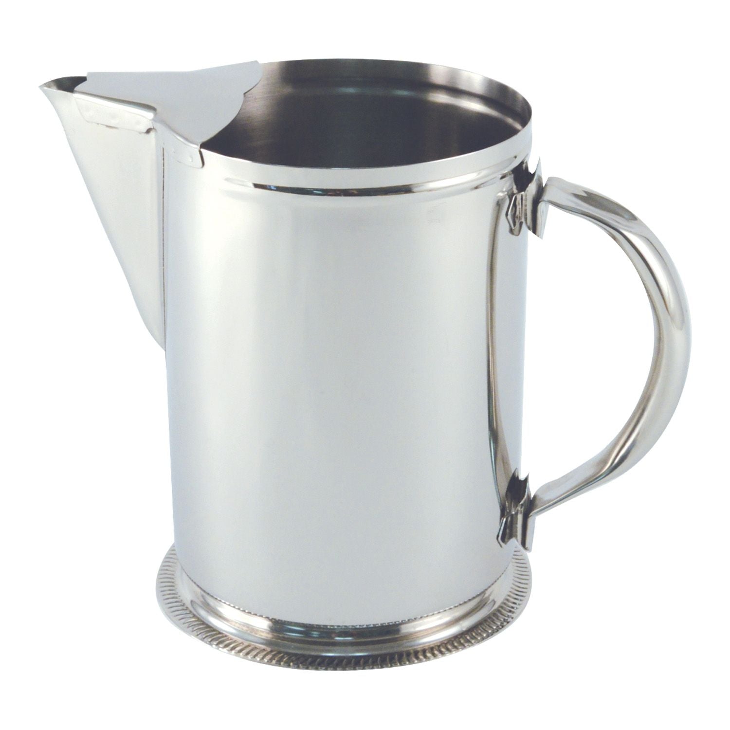 Stainless steel pitcher with base and ice guard, 2 QT / 64 oz, durable, rust-resistant, spill-preventing ice guard, stable base, and ergonomic handle. Ideal for restaurant and catering use. Packed 12 each per case.