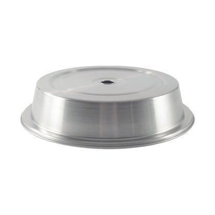Stainless steel plate cover 12-5/8 inch diameter with vented design. Rust-resistant, mirror finish. Ideal for room service, catering, and banquet use. Long-lasting and easy to clean.